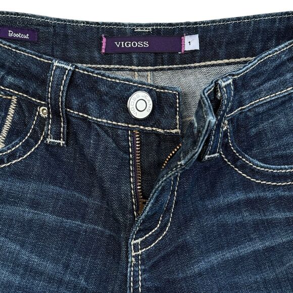 Vigoss Juniors SZ 1 Jeans Bootcut Low-Rise Button-Flap Pockets Whiskered Blue - Picture 3 of 11